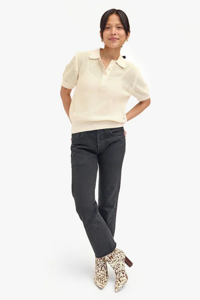 Model wearing Clare V. Augustine Polo front view