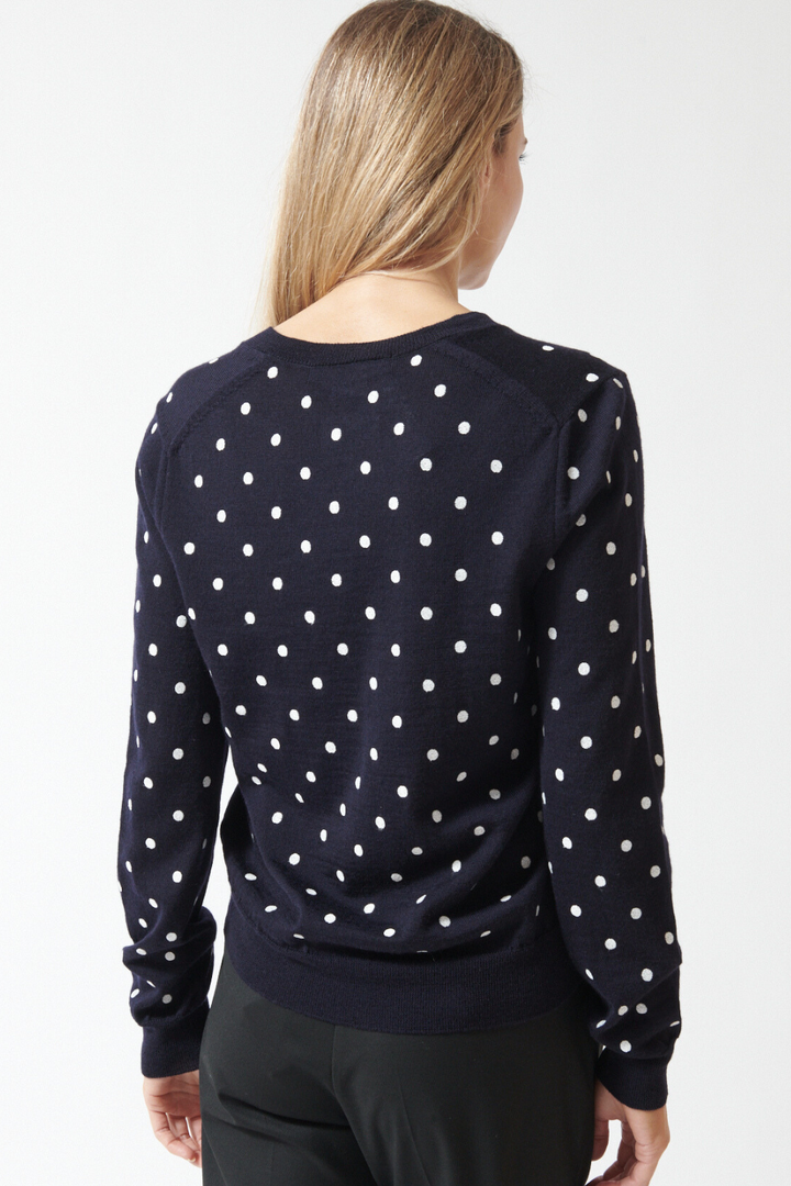 Mari wearing Comme des Garçons Dotted Wool Cardigan rear view