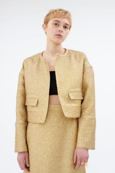 Model wearing Odeeh Midas Jacket Gold front view