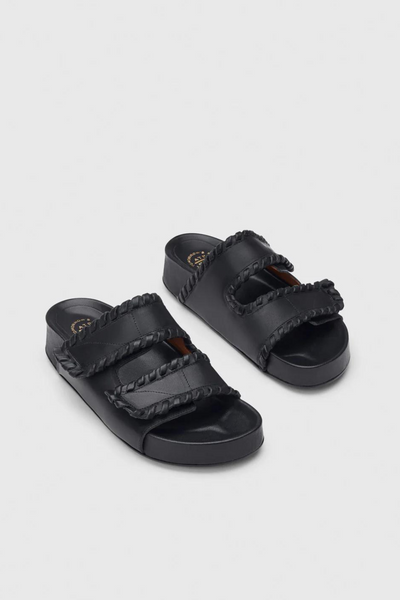 Model wearing ATP All Tomorrow's Parties Furlo Stitch Black Leather Comfy Sandal front view