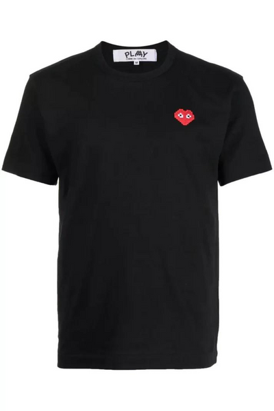 Flat lay of Comme des Garçons PLAY x The Artist Invader Mens T-Shirt front view
