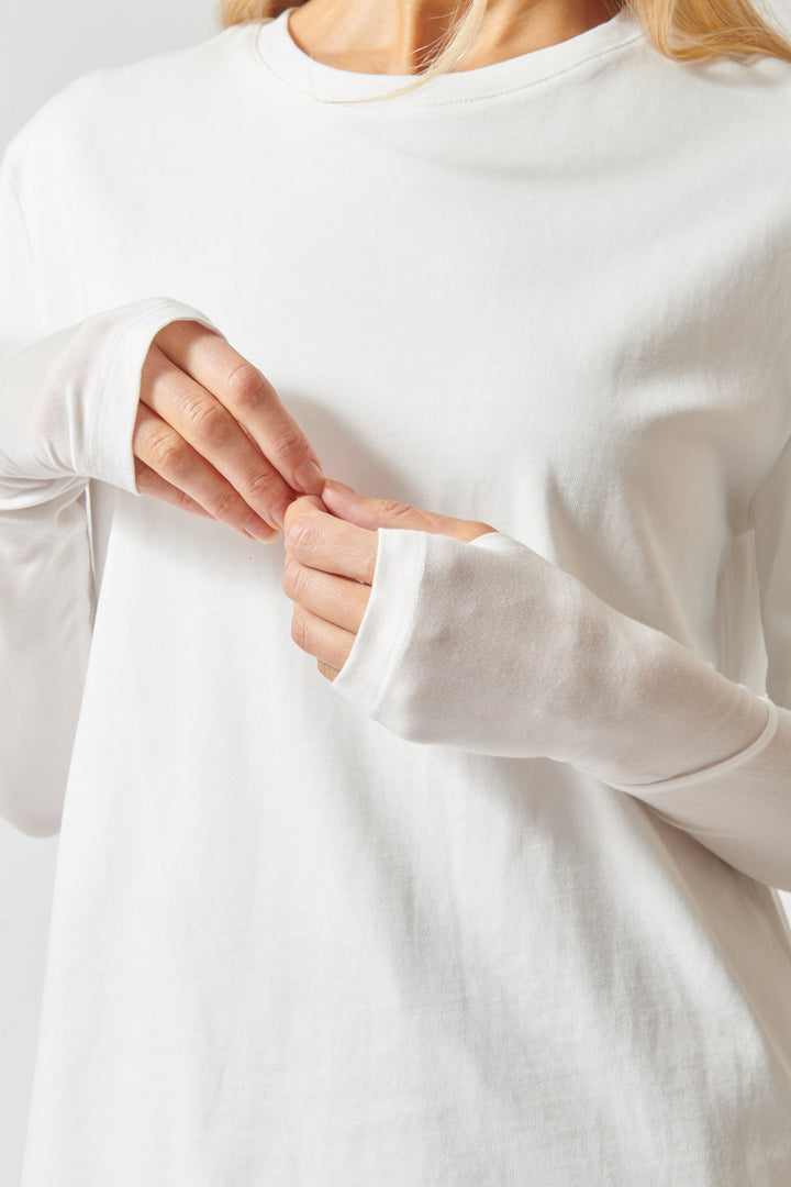 Mari wearing ELEH Long Short Layered Thumb Tee front/detail view
