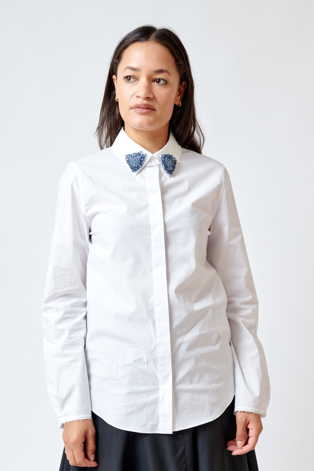 Amanda wearing Dorothee Schumacher Pure Power Blouse With Removable Collar front view
