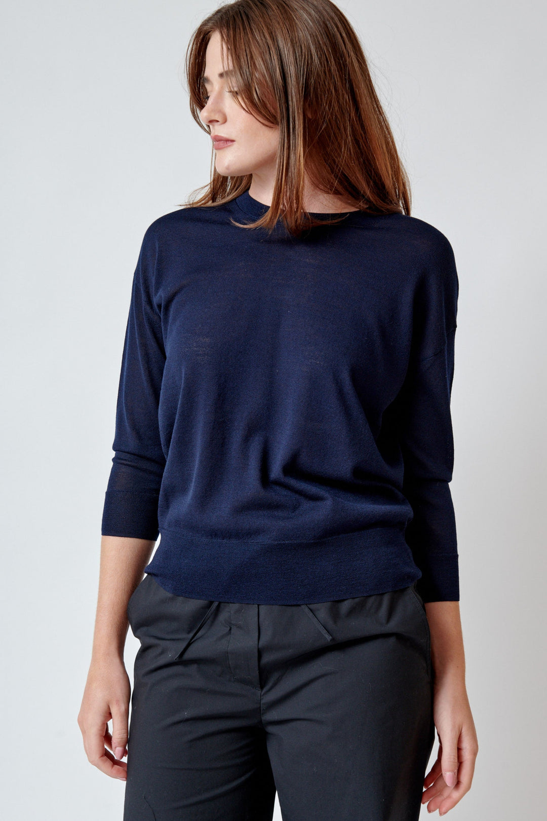 Julia wearing Dorothee Schumacher Refined Essentials Pullover front view