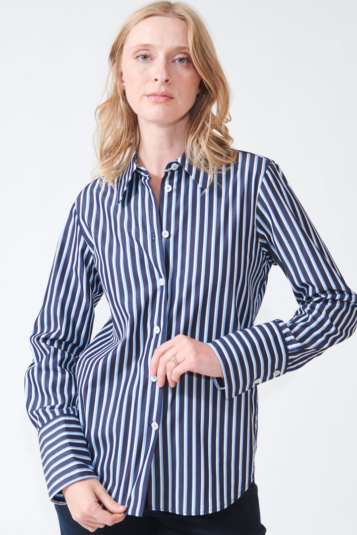 Madi wearing Odeeh Masculine Stripes Shirt front view