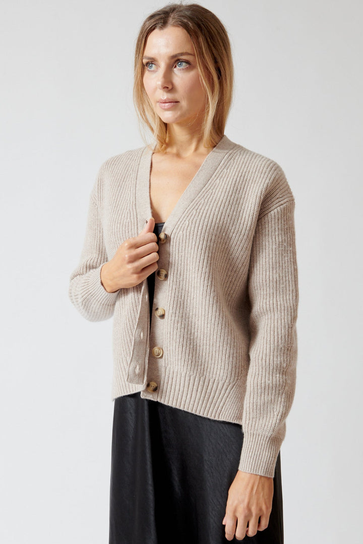 Mari wearing Lilla P Relaxed Side Vent Cardigan front view