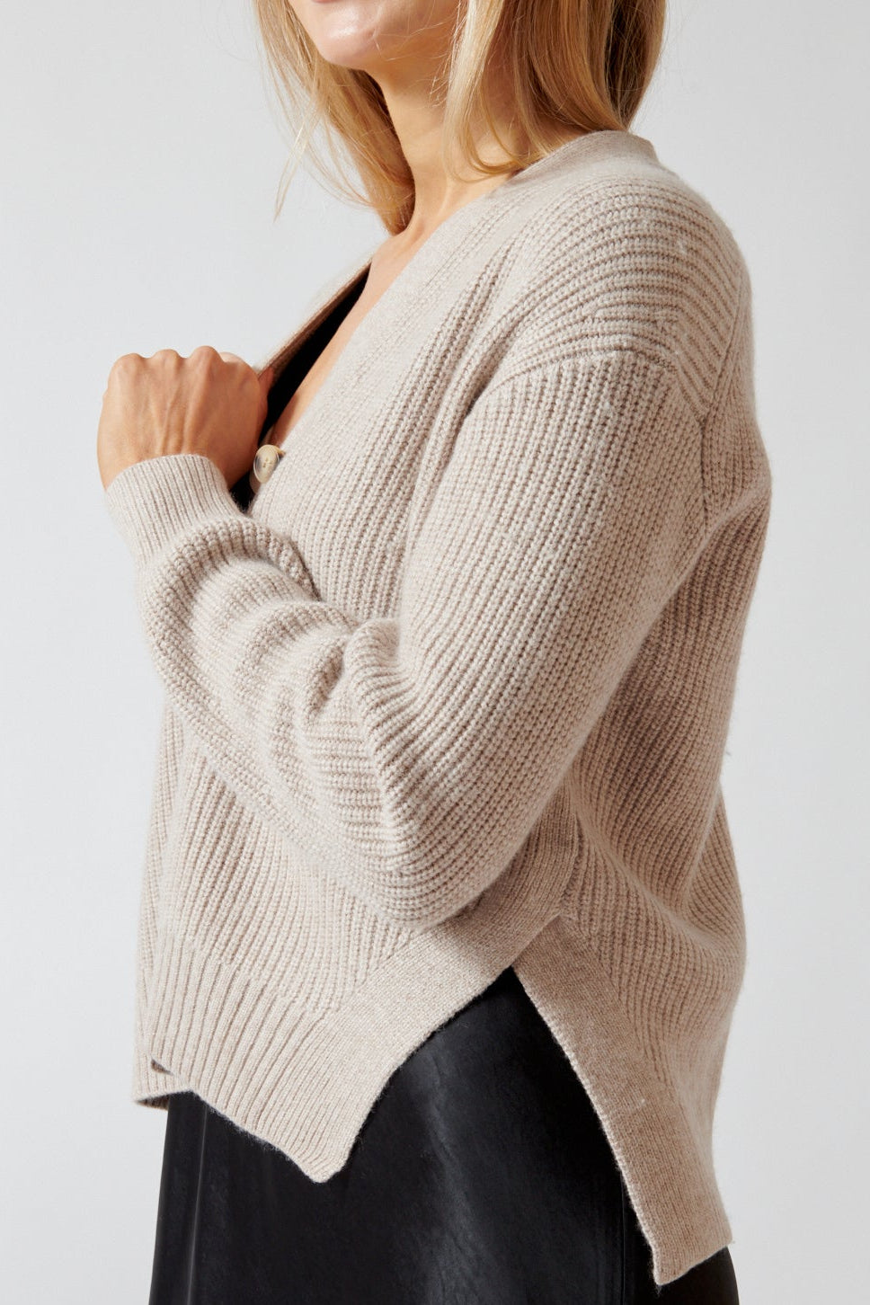 Mari wearing Lilla P Relaxed Side Vent Cardigan side view