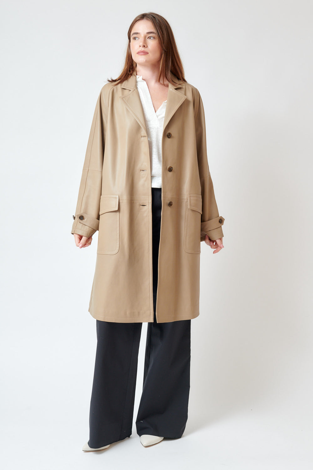 Julia wearing Dorothee Schumacher Sleek Statement III Coat front view
