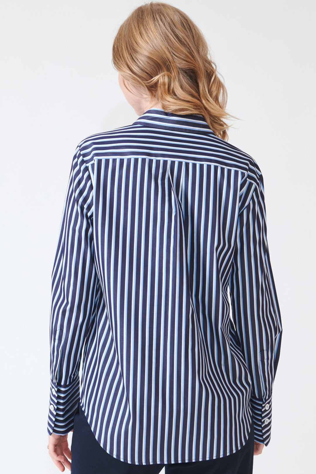 Madi wearing Odeeh Masculine Stripes Shirt rear view