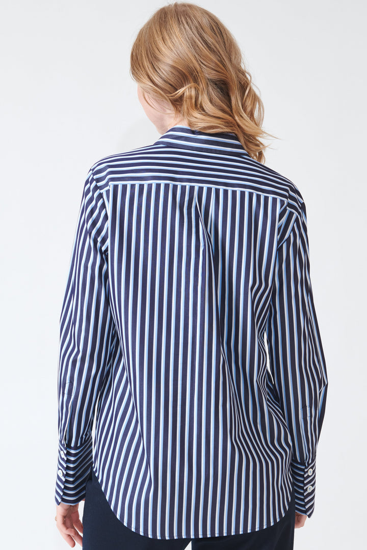Madi wearing Odeeh Masculine Stripes Shirt rear view