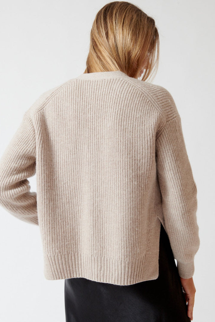 Mari wearing Lilla P Relaxed Side Vent Cardigan rear view