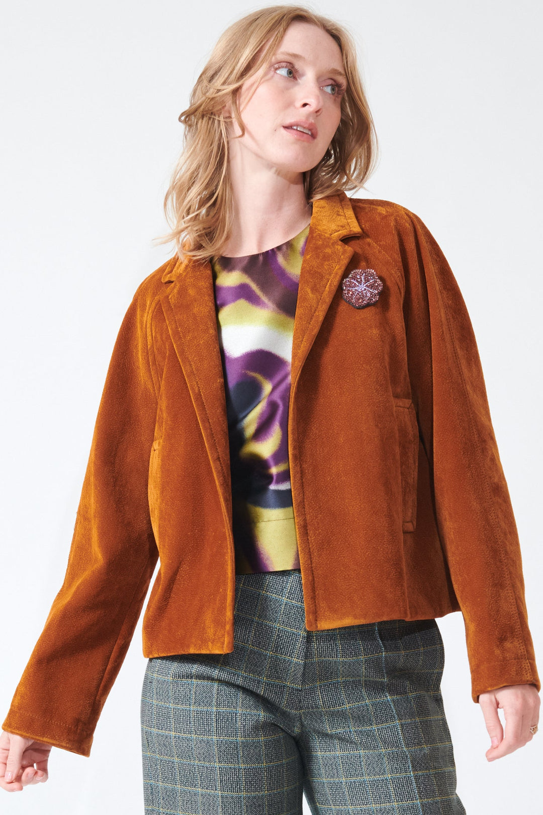 Madi wearing Odeeh Flocked Velvet Jacket front view