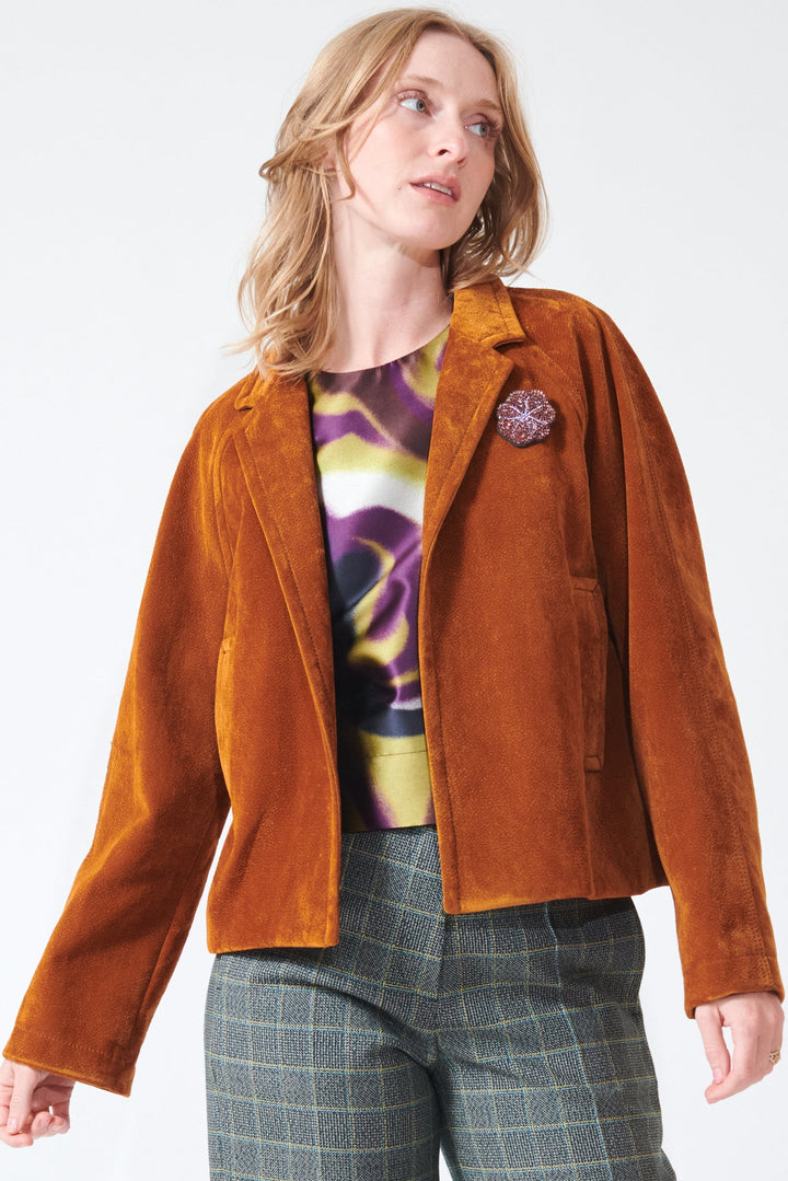 Madi wearing Odeeh Flocked Velvet Jacket front view