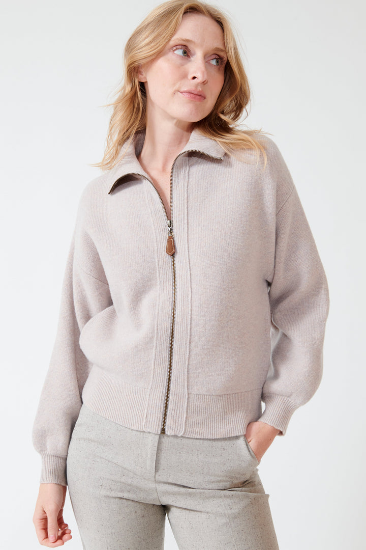 Madi wearing Lilla P Zip Front Bomber Quartz front view