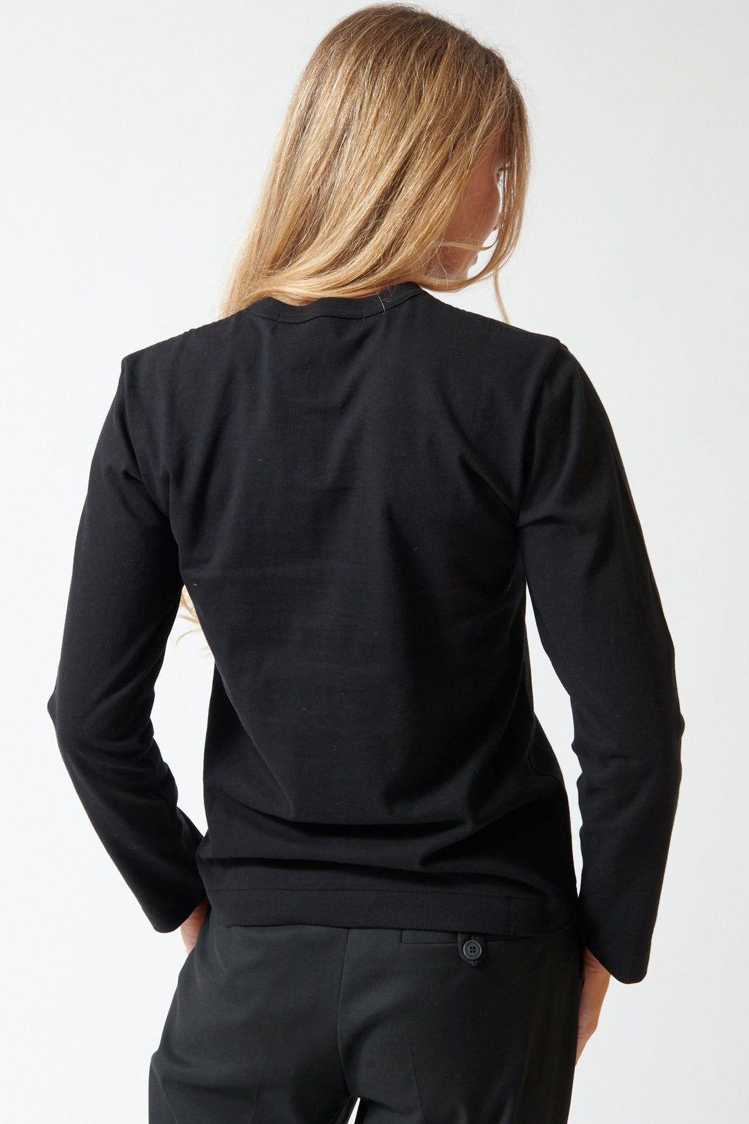 Mari wearing Comme des Garçons PLAY Duo Pair Heart Logo Print Long Sleeve T-Shirt rear view