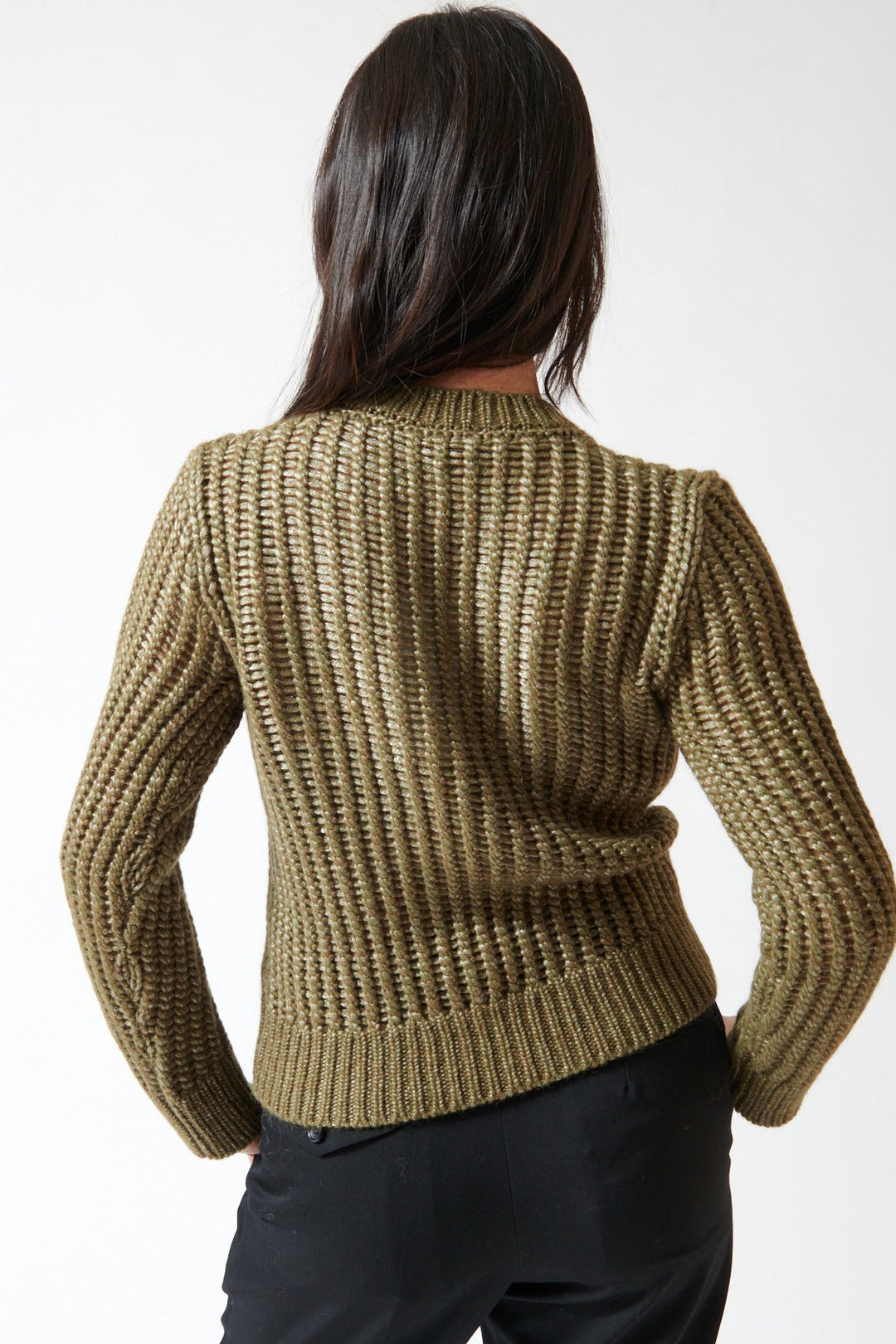 Lilly wearing Peserico Wet Look Merino Wool And Alpaca Chunky Yarn Knitted Sweater rear view