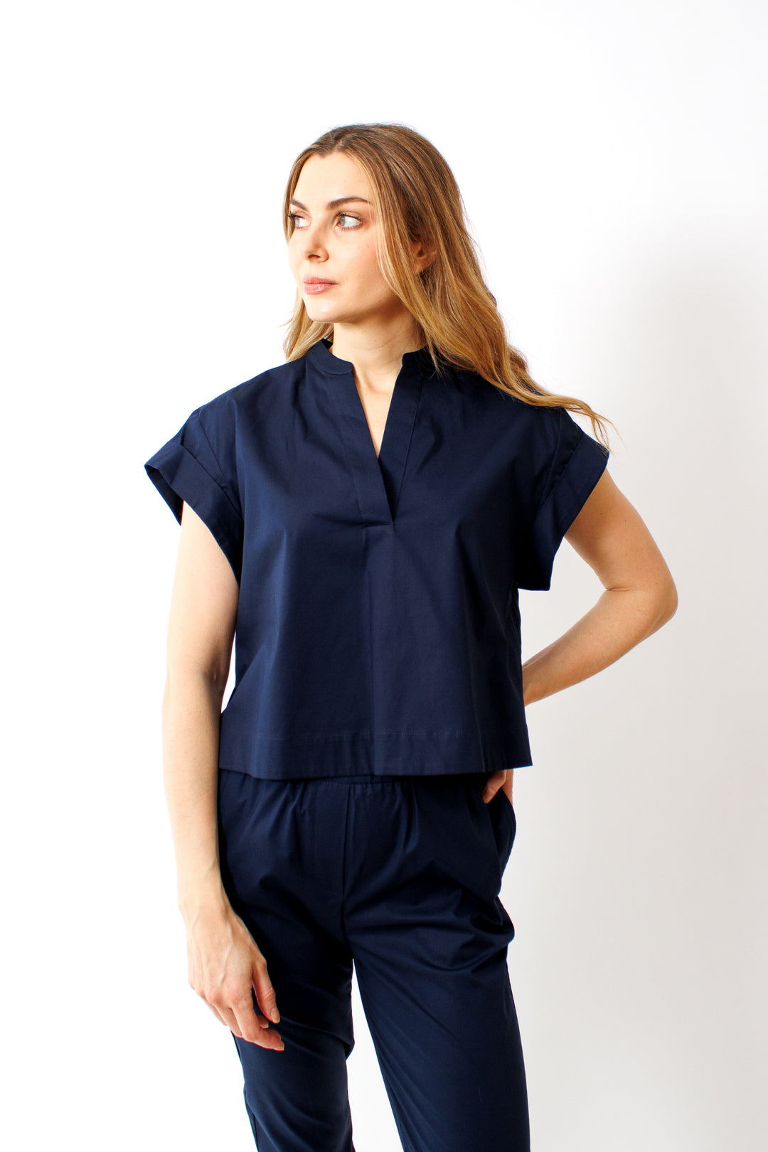 Mari wearing Rosso 35 Cotton Cap Sleeve Top front view