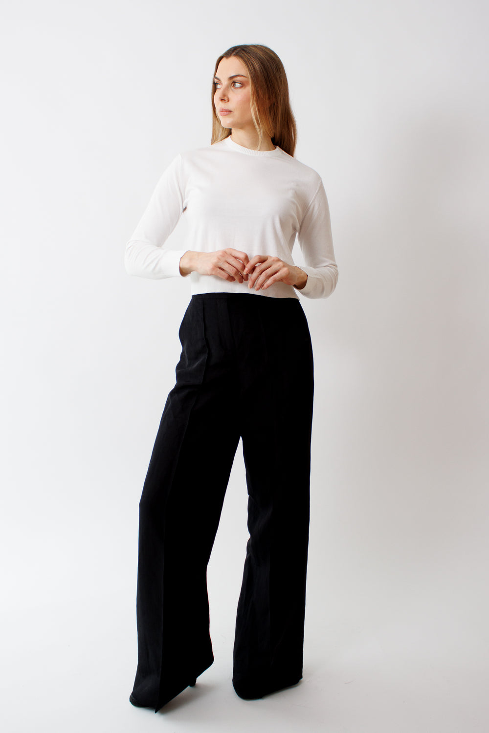 Mari wearing Dorothee Schumacher Shiny Coolness Pants front view