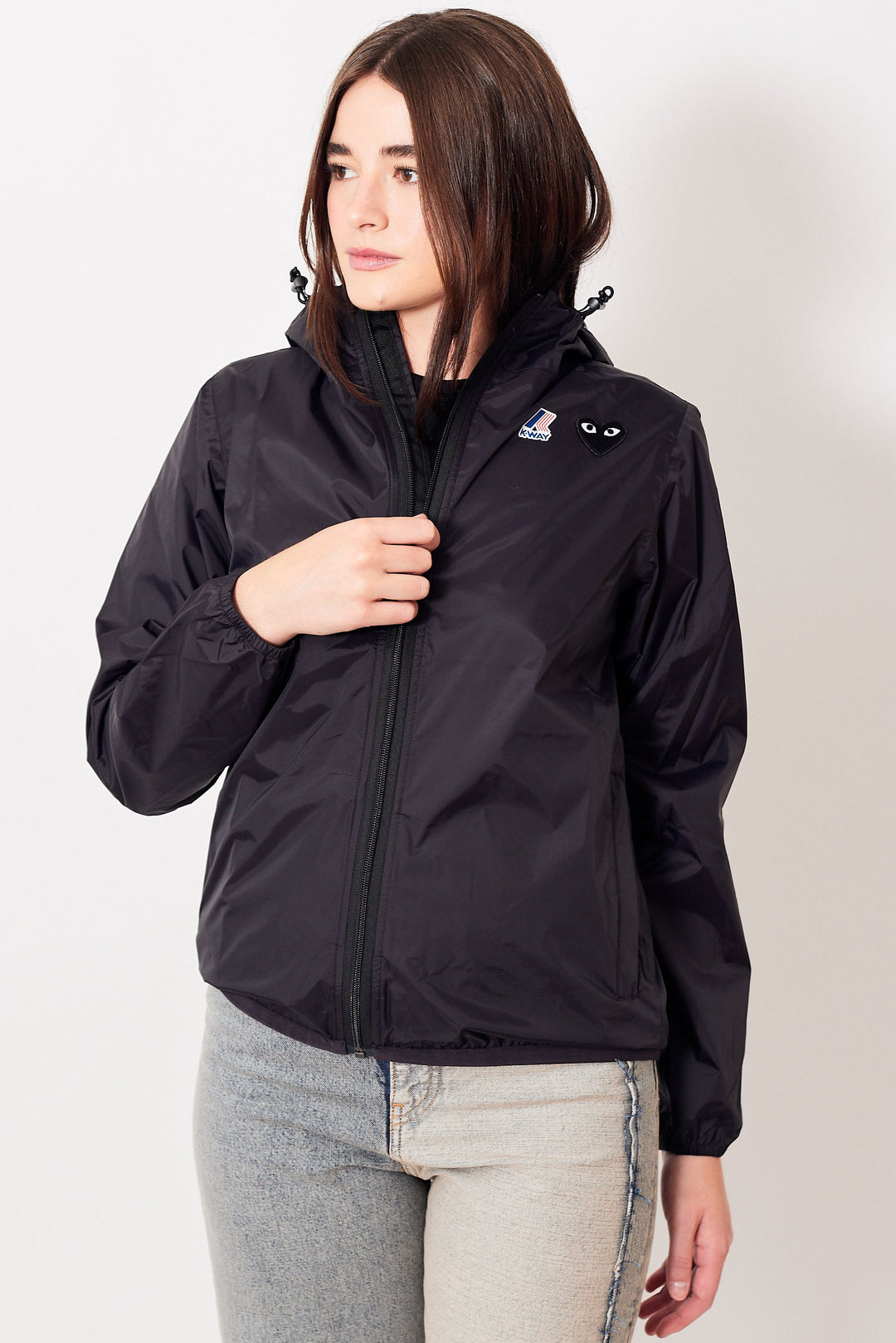 Julia wearing Comme des Garçons K-Way Full Zip Black Emblem Jacket front view