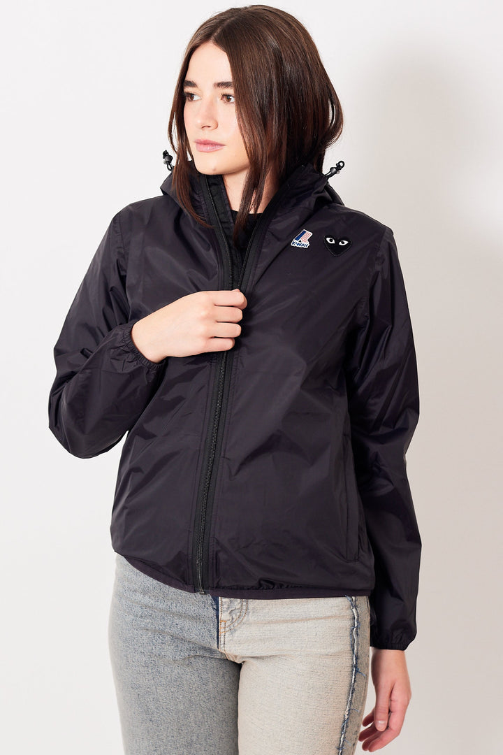 Julia wearing Comme des Garçons K-Way Full Zip Black Emblem Jacket front view