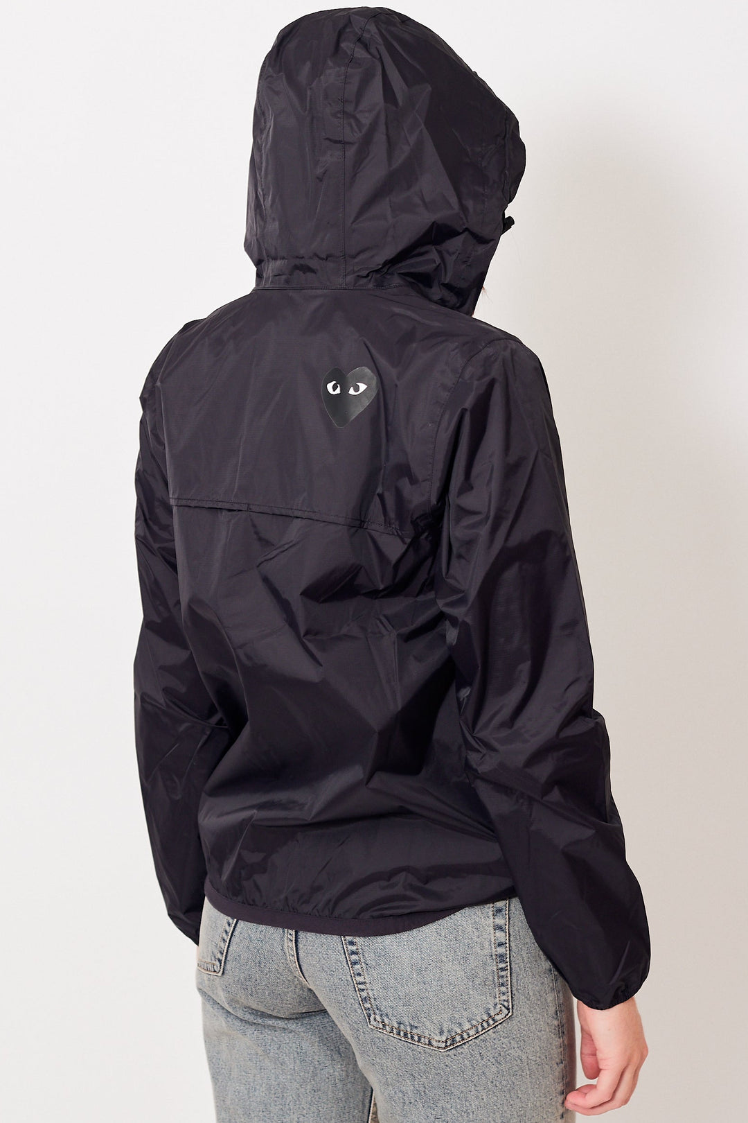 Julia wearing Comme des Garçons K-Way Full Zip Black Emblem Jacket rear view
