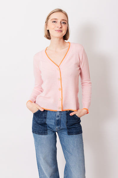 Madi wearing Jumper 1234 Contrast Tip Cardigan front view