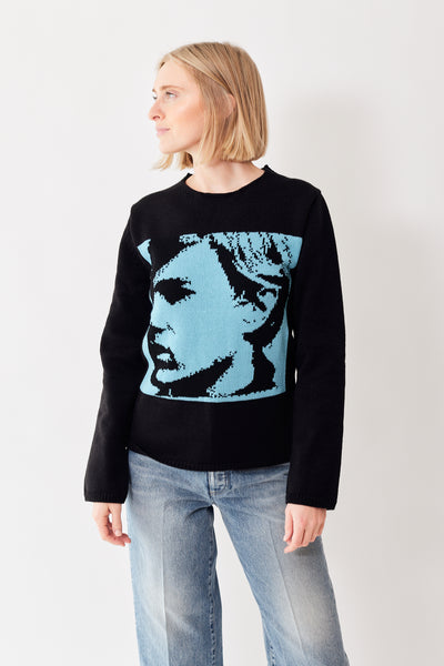Madi wearing Comme des Garçons Mens Andy Warhol Pop Art Sweater front view
