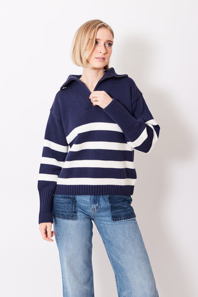 Madi wearing White + Warren Striped Quarter Zip Sweater Organic Cotton front view