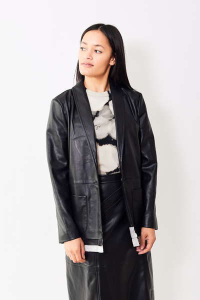 Model wearing Raquel Allegra Faux-leather Jai Jacket.