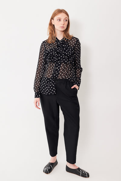 Waverly wearing Comme des Garçons Elasti Side Tapered Rib Trouser front view