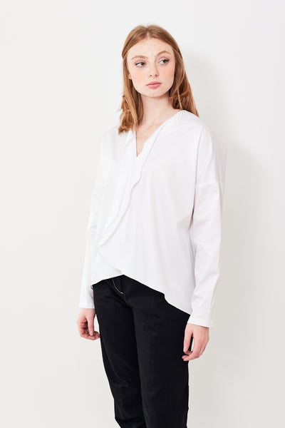Waverly wearing Zero + Maria Cornejo Long Sleeve Cotton Broadcloth Fin Gaban Shirt front view