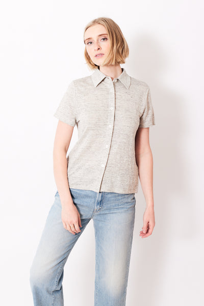 Madi wearing Allude Linen 6 Button Shirt front view