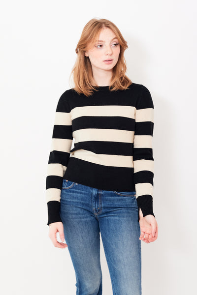 Waverly wearing Allude Wide Stripe Crewneck Sweater front view