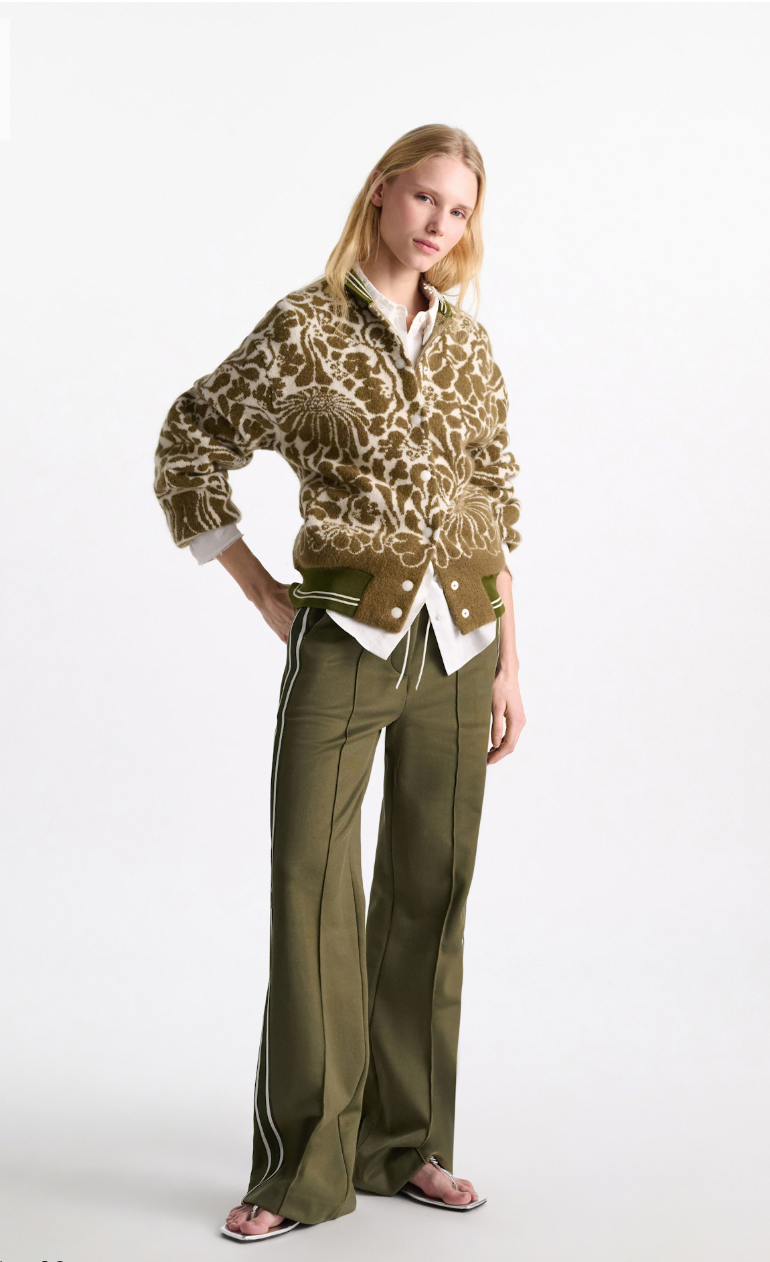 Model wearing jacket sold at grethen house