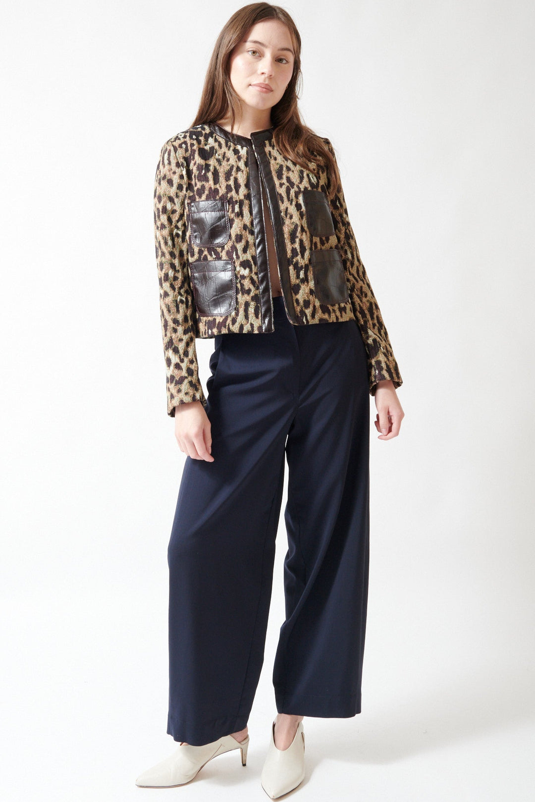 Angela wearing Odeeh Light Oxford Wool Trouser front view