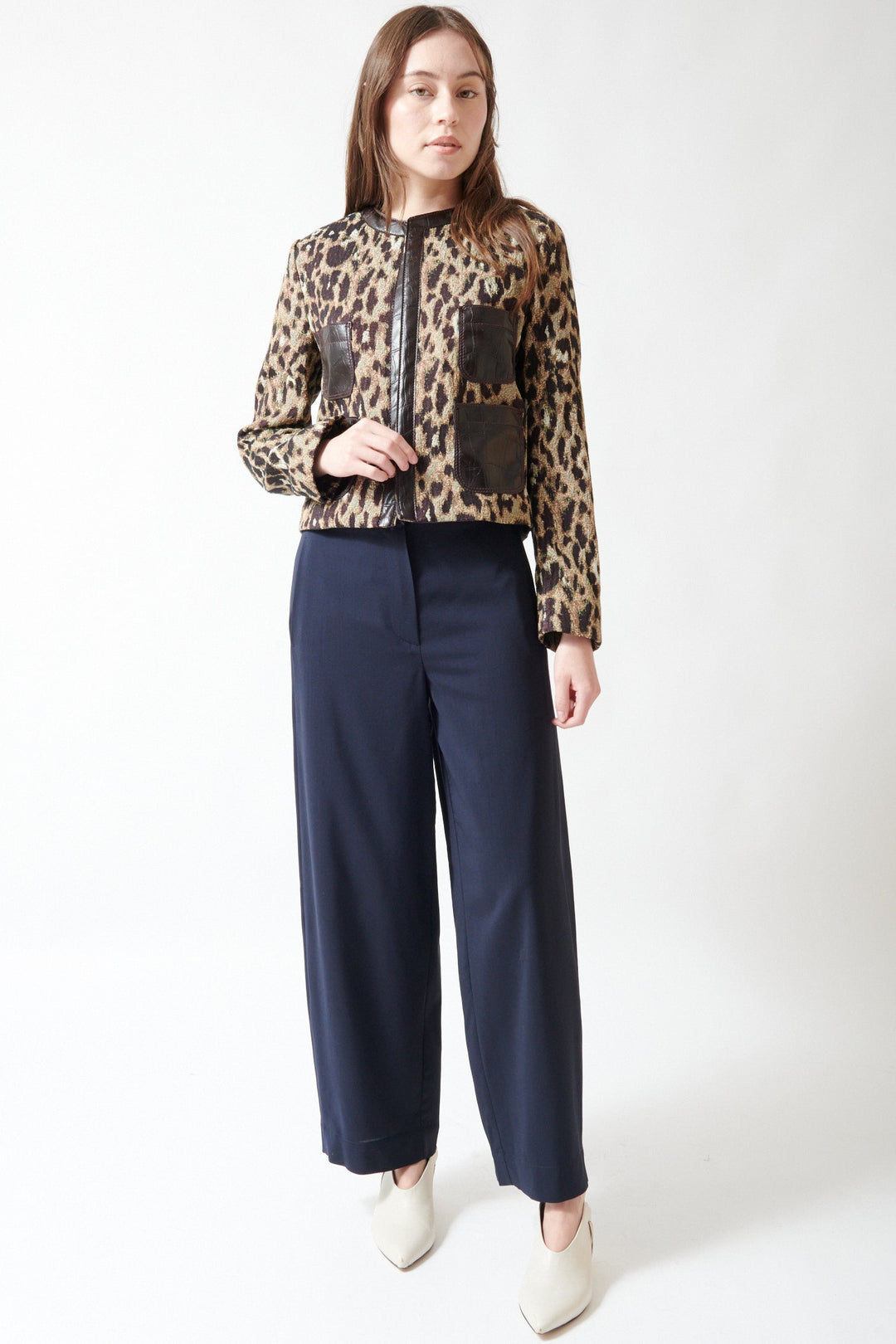 Angela wearing Odeeh Light Oxford Wool Trouser front view