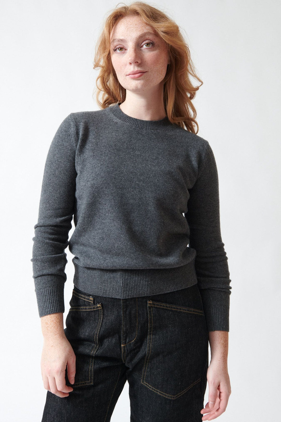 Waverly wearing Nili Lotan Sona Sweater Charcoal front view