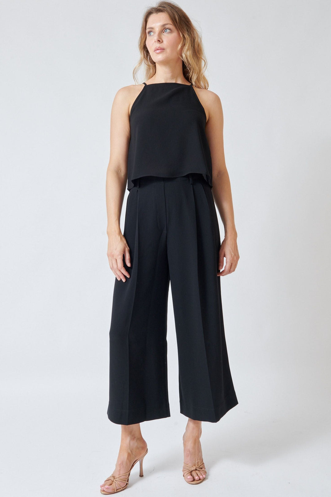 Mari wearing LESET Arielle Crop Wide Leg Trouser Black front view
