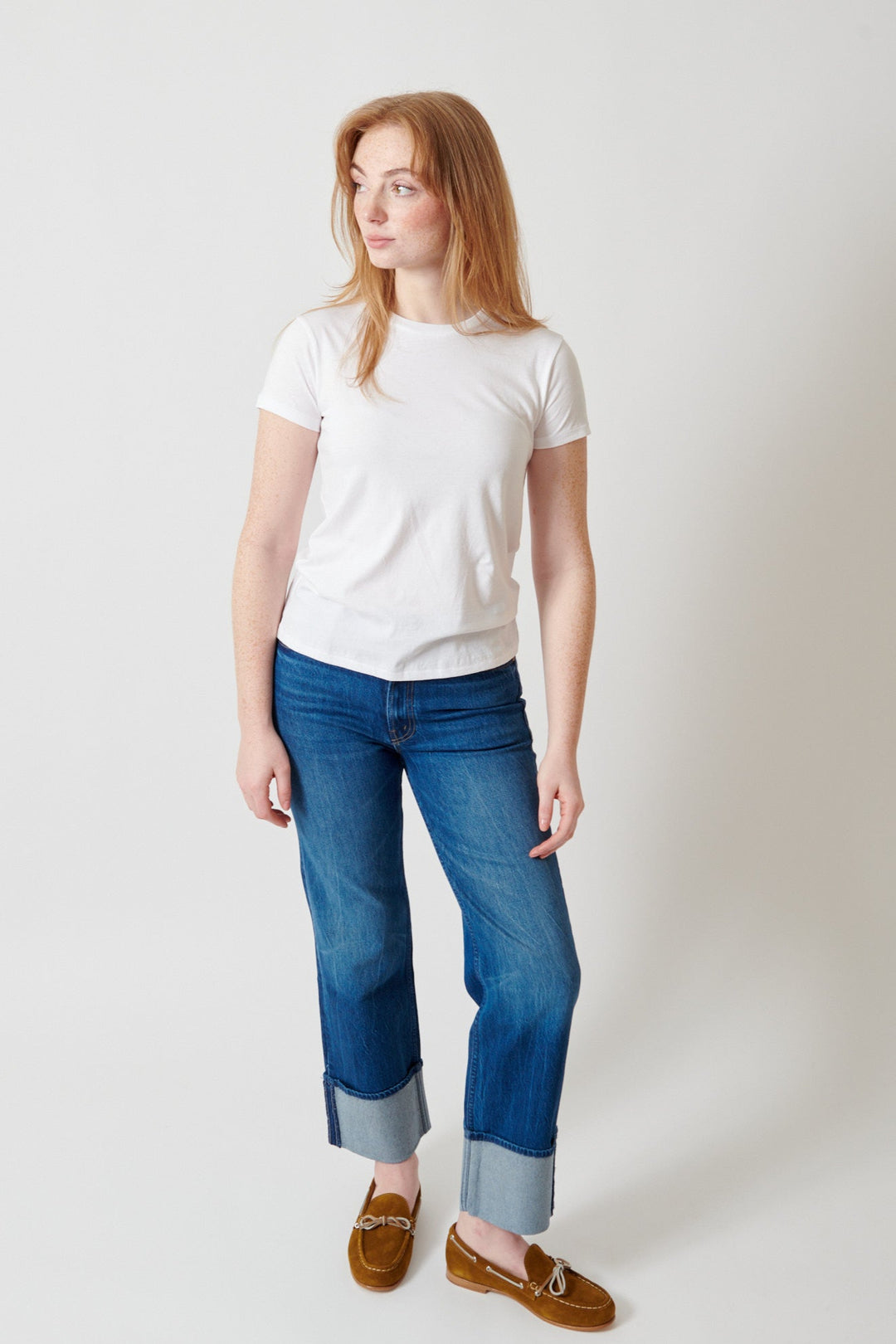 Waverly wearing Mother Denim Checkerboard Duster Flood Cuff front view