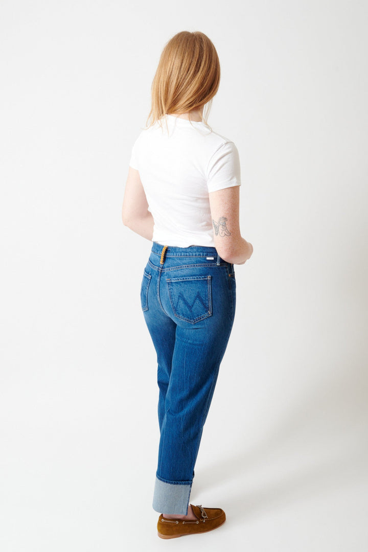 Waverly wearing Mother Denim Checkerboard Duster Flood Cuff rear view