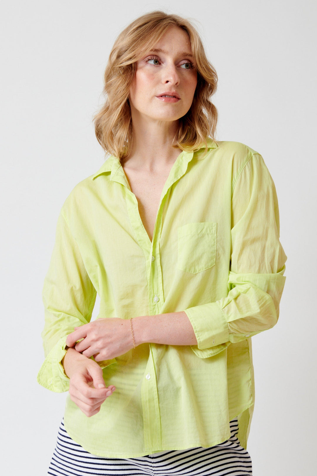 Madi wearing Frank & Eileen Eileen Woven Button Up front view