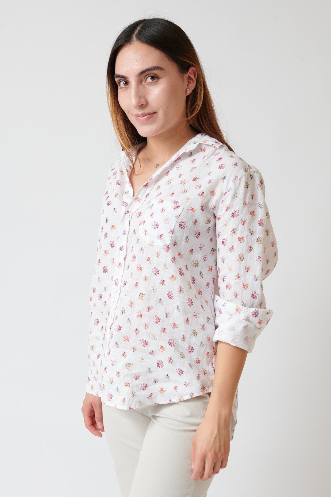 Maria wearing Frank & Eileen Eileen Relaxed Button Up Shirt front view