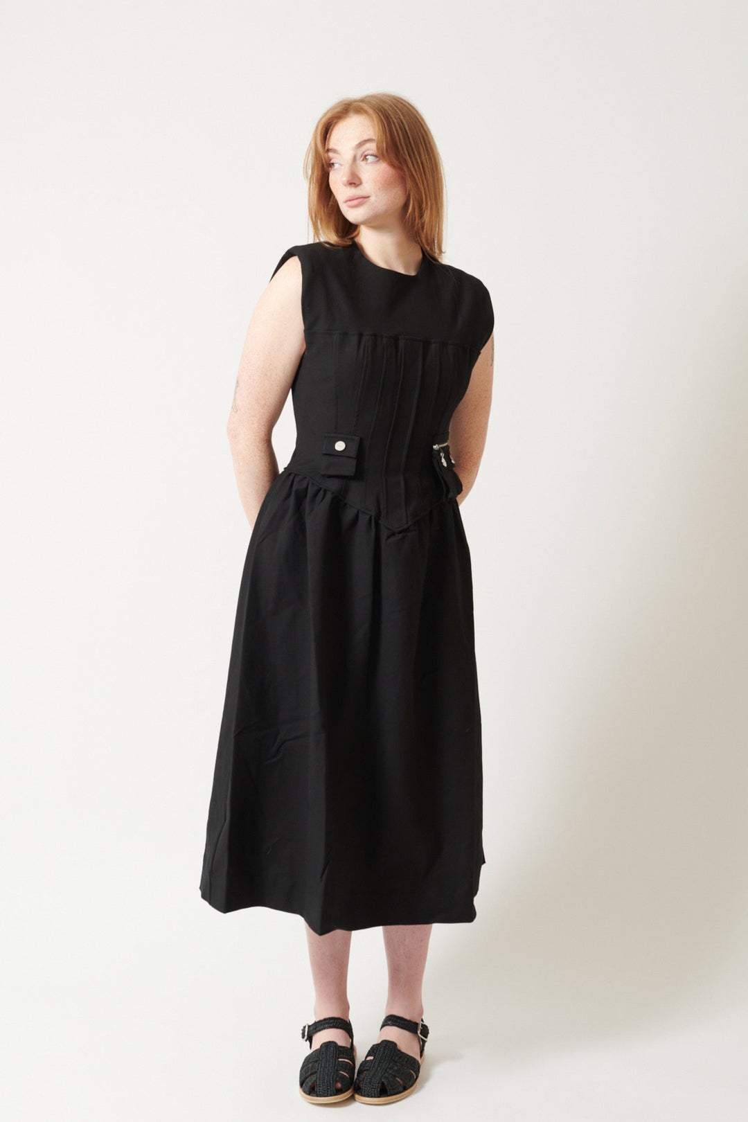 Waverly wearing Ganni Heavy Cotton Tailoring Corset Midi Dress front view