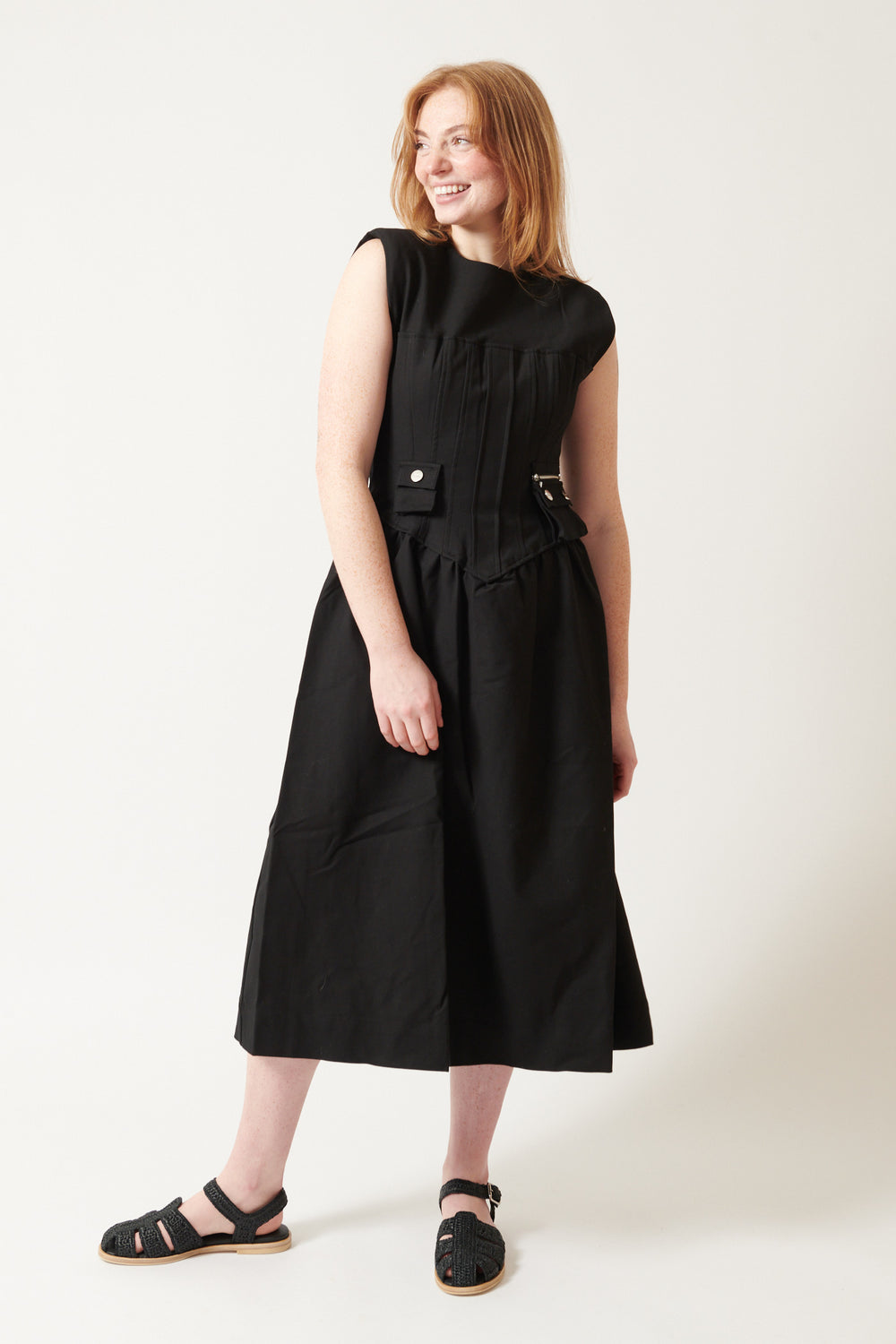 Waverly wearing Ganni Heavy Cotton Tailoring Corset Midi Dress front view