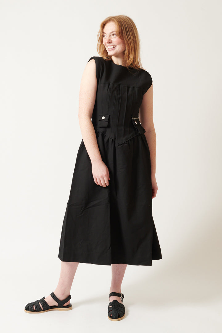 Waverly wearing Ganni Heavy Cotton Tailoring Corset Midi Dress front view