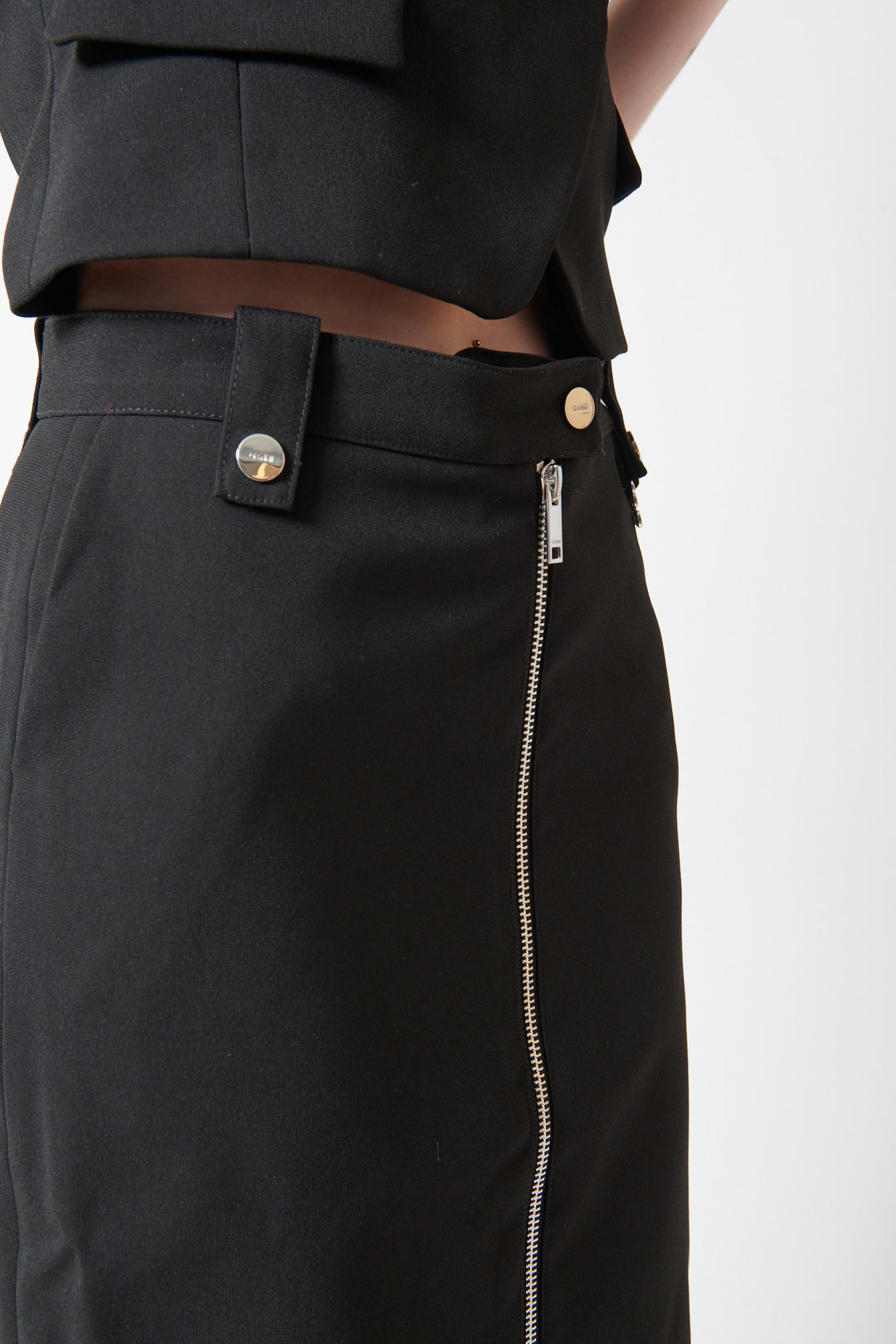 Waverly wearing Ganni Bonded Crepe Long Skirt front view