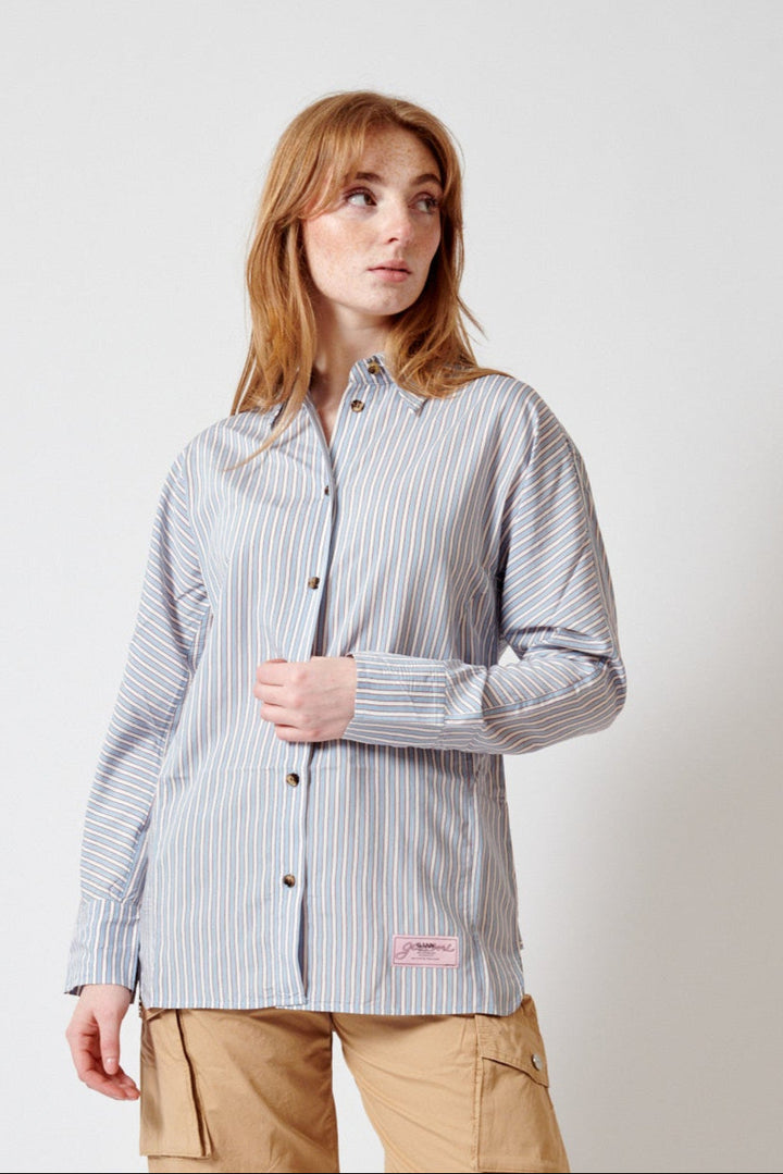Waverly wearing Ganni Yarn Dyed Stripe Shirt front view