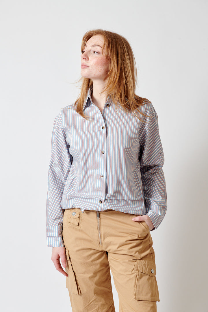 Waverly wearing Ganni Yarn Dyed Stripe Shirt front view