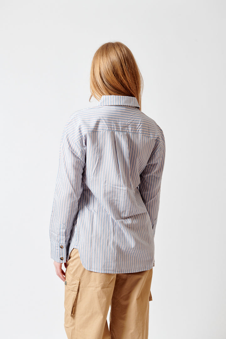 Waverly wearing Ganni Yarn Dyed Stripe Shirt rear view