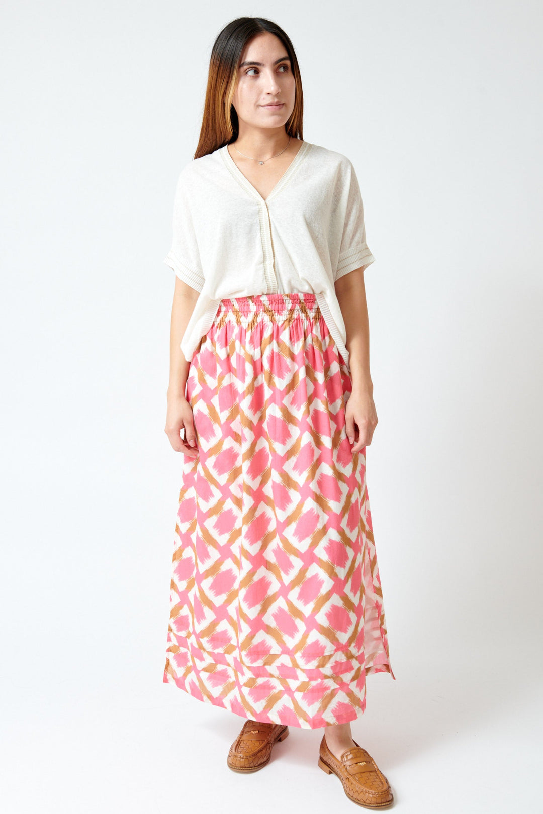 Maria wearing Lilla P Shirred Elastic Waist Skirt front view